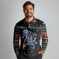 Astronauts Ride A T Rex In Space With The Planet Christmas Long Sleeve Polo Shirt Xmas Holiday Patterns - Wonder Print Shop