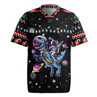 Astronauts Ride A T Rex In Space With The Planet Christmas Rugby Jersey Xmas Holiday Patterns - Wonder Print Shop