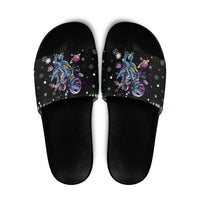 Astronauts Ride A T Rex In Space With The Planet Christmas Slide Sandals Xmas Holiday Patterns - Wonder Print Shop