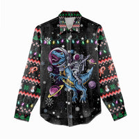 Astronauts Ride A T Rex In Space With The Planet Christmas Women Casual Shirt Xmas Holiday Patterns - Wonder Print Shop