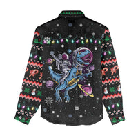 Astronauts Ride A T Rex In Space With The Planet Christmas Women Casual Shirt Xmas Holiday Patterns - Wonder Print Shop