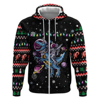 Astronauts Ride A T Rex In Space With The Planet Christmas Zip Hoodie Xmas Holiday Patterns - Wonder Print Shop