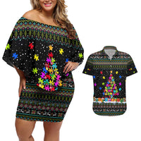 Autism Pine Christmas Couples Matching Off Shoulder Short Dress and Hawaiian Shirt Xmas Holiday Patterns - Wonder Print Shop