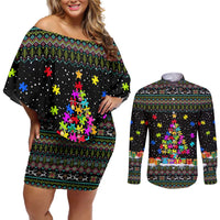 Autism Pine Christmas Couples Matching Off Shoulder Short Dress and Long Sleeve Button Shirt Xmas Holiday Patterns - Wonder Print Shop