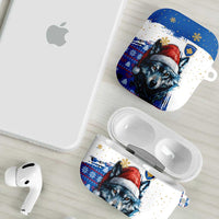 Kosovo Christmas AirPods Case with Santa Wolf Snowflakes Blue Pattern and National Emblem - Wonder Print Shop