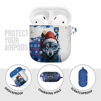 Kosovo Christmas AirPods Case with Santa Wolf Snowflakes Blue Pattern and National Emblem - Wonder Print Shop