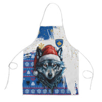 Kosovo Christmas Apron with Santa Wolf Snowflakes Blue Pattern and National Emblem - Wonder Print Shop
