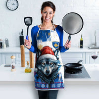 Kosovo Christmas Apron with Santa Wolf Snowflakes Blue Pattern and National Emblem - Wonder Print Shop
