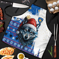 Kosovo Christmas Apron with Santa Wolf Snowflakes Blue Pattern and National Emblem - Wonder Print Shop