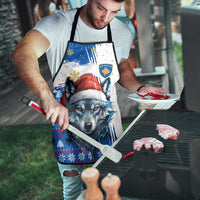 Kosovo Christmas Apron with Santa Wolf Snowflakes Blue Pattern and National Emblem - Wonder Print Shop