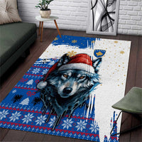 Kosovo Christmas Area Rug with Santa Wolf Snowflakes Blue Pattern and National Emblem - Wonder Print Shop