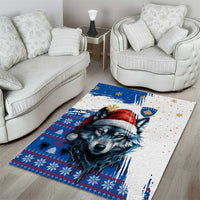 Kosovo Christmas Area Rug with Santa Wolf Snowflakes Blue Pattern and National Emblem - Wonder Print Shop