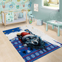 Kosovo Christmas Area Rug with Santa Wolf Snowflakes Blue Pattern and National Emblem - Wonder Print Shop