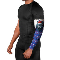 Kosovo Christmas Arm Sleeves with Santa Wolf Snowflakes Blue Pattern and National Emblem - Wonder Print Shop
