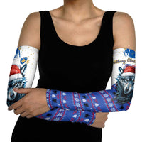 Kosovo Christmas Arm Sleeves with Santa Wolf Snowflakes Blue Pattern and National Emblem - Wonder Print Shop