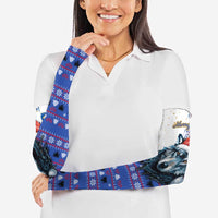 Kosovo Christmas Arm Sleeves with Santa Wolf Snowflakes Blue Pattern and National Emblem - Wonder Print Shop