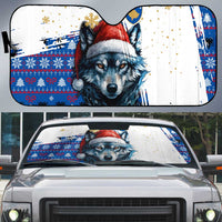 Kosovo Christmas Auto Sun Shade with Santa Wolf Snowflakes Blue Pattern and National Emblem - Wonder Print Shop