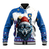 Kosovo Christmas Baseball Jacket with Santa Wolf Snowflakes Blue Pattern and National Emblem - Wonder Print Shop