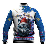 Kosovo Christmas Baseball Jacket with Santa Wolf Snowflakes Blue Pattern and National Emblem - Wonder Print Shop