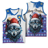 Kosovo Christmas Basketball Jersey with Santa Wolf Snowflakes Blue Pattern and National Emblem - Wonder Print Shop