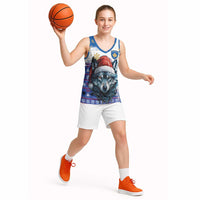 Kosovo Christmas Basketball Jersey with Santa Wolf Snowflakes Blue Pattern and National Emblem - Wonder Print Shop