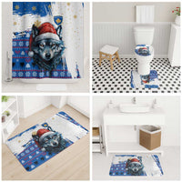 Kosovo Christmas Bathroom Set with Santa Wolf Snowflakes Blue Pattern and National Emblem - Wonder Print Shop