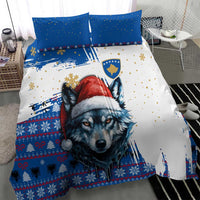 Kosovo Christmas Bedding Set with Santa Wolf Snowflakes Blue Pattern and National Emblem - Wonder Print Shop