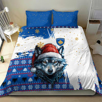 Kosovo Christmas Bedding Set with Santa Wolf Snowflakes Blue Pattern and National Emblem - Wonder Print Shop