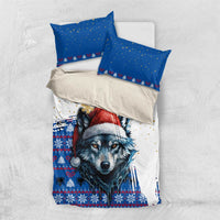 Kosovo Christmas Bedding Set with Santa Wolf Snowflakes Blue Pattern and National Emblem - Wonder Print Shop