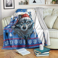 Kosovo Christmas Blanket with Santa Wolf Snowflakes Blue Pattern and National Emblem - Wonder Print Shop
