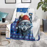 Kosovo Christmas Blanket with Santa Wolf Snowflakes Blue Pattern and National Emblem - Wonder Print Shop