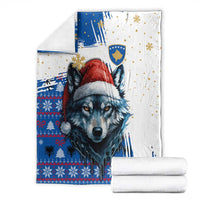 Kosovo Christmas Blanket with Santa Wolf Snowflakes Blue Pattern and National Emblem - Wonder Print Shop