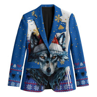 Kosovo Christmas Blazer with Santa Wolf Snowflakes Blue Pattern and National Emblem - Wonder Print Shop