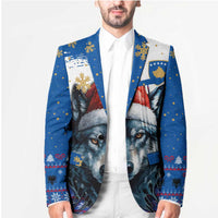 Kosovo Christmas Blazer with Santa Wolf Snowflakes Blue Pattern and National Emblem - Wonder Print Shop