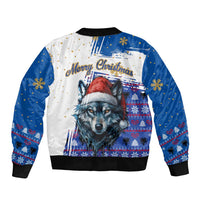 Kosovo Christmas Bomber Jacket with Santa Wolf Snowflakes Blue Pattern and National Emblem - Wonder Print Shop