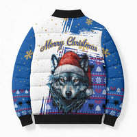 Kosovo Christmas Bomber Puffer Jacket with Santa Wolf Snowflakes Blue Pattern and National Emblem - Wonder Print Shop