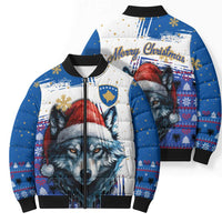 Kosovo Christmas Bomber Puffer Jacket with Santa Wolf Snowflakes Blue Pattern and National Emblem - Wonder Print Shop