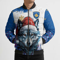 Kosovo Christmas Bomber Puffer Jacket with Santa Wolf Snowflakes Blue Pattern and National Emblem - Wonder Print Shop