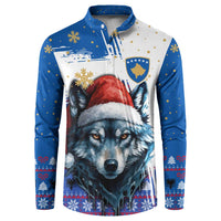 Kosovo Christmas Button Sweatshirt with Santa Wolf Snowflakes Blue Pattern and National Emblem - Wonder Print Shop