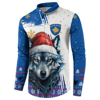 Kosovo Christmas Button Sweatshirt with Santa Wolf Snowflakes Blue Pattern and National Emblem - Wonder Print Shop