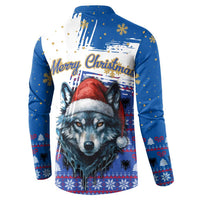 Kosovo Christmas Button Sweatshirt with Santa Wolf Snowflakes Blue Pattern and National Emblem - Wonder Print Shop
