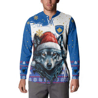 Kosovo Christmas Button Sweatshirt with Santa Wolf Snowflakes Blue Pattern and National Emblem - Wonder Print Shop