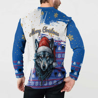 Kosovo Christmas Button Sweatshirt with Santa Wolf Snowflakes Blue Pattern and National Emblem - Wonder Print Shop