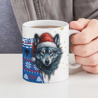 Kosovo Christmas Ceramic Mug with Santa Wolf Snowflakes Blue Pattern and National Emblem - Wonder Print Shop