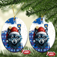 Kosovo Christmas Ceramic Ornament with Santa Wolf Snowflakes Blue Pattern and National Emblem - Wonder Print Shop