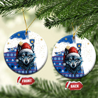 Kosovo Christmas Ceramic Ornament with Santa Wolf Snowflakes Blue Pattern and National Emblem - Wonder Print Shop