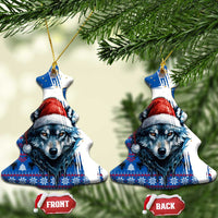 Kosovo Christmas Ceramic Ornament with Santa Wolf Snowflakes Blue Pattern and National Emblem - Wonder Print Shop