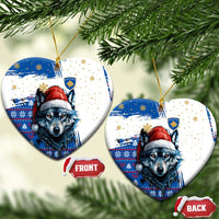 Kosovo Christmas Ceramic Ornament with Santa Wolf Snowflakes Blue Pattern and National Emblem - Wonder Print Shop