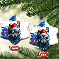 Kosovo Christmas Ceramic Ornament with Santa Wolf Snowflakes Blue Pattern and National Emblem - Wonder Print Shop