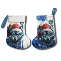 Kosovo Christmas Stocking with Santa Wolf Snowflakes Blue Pattern and National Emblem - Wonder Print Shop
